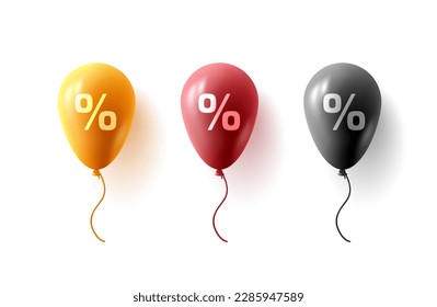 Set of air balloons with percent symbol print on them, isolated 3d render illustration, graphic design sale elelment