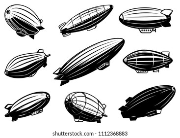 Set of air balloons, zeppelin. Design element for poster, card, emblem, sign, banner. Vector image