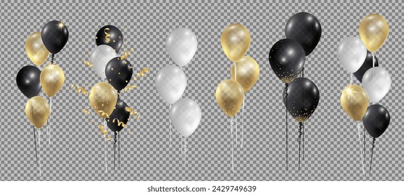 Set. Bolas de aire. Oro. Negro. Globos blancos. Fondo transparente - vector de stock