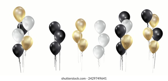 einstellen. Luftkugeln. Gold. Schwarz. Weiße Luftballons. Transparenter Hintergrund - Lagervektor