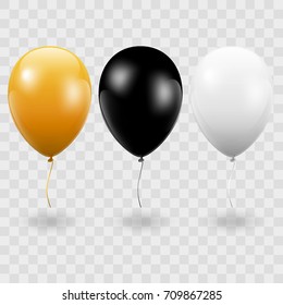 Set. Air Balls. Gold. Black. White Balloons. Transparent background - stock vector