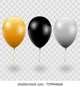 Set. Air Balls. Gold. Black. Gray Balloons. Transparent background - stock vector