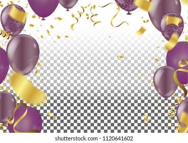 Set. Air Balls. Gold and purple Balloons. Festive background. Ribbons.Sequins. Confetti. Card. Decoration. Design  Festive background 