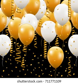 Set. Air Balls. Gold and White Balloons. Festive background. Ribbons.Sequins. Confetti.
Card. Decoration. Design. - Stock Vector