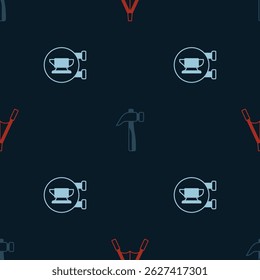 Set Air blower bellows, Hammer and Blacksmith anvil tool on seamless pattern. Vector