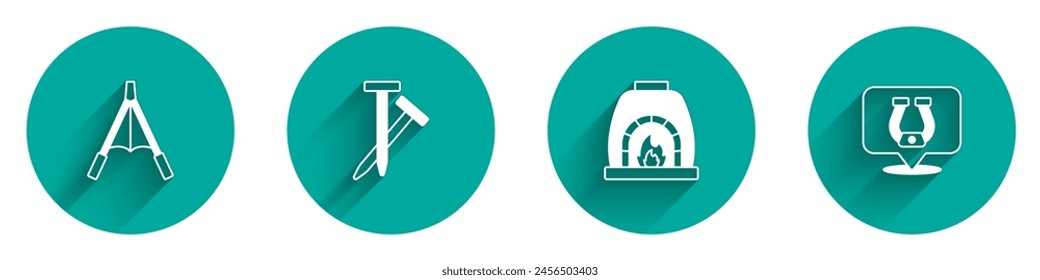 Set Air blower bellows, Metallic nails, Blacksmith oven and Horseshoe icon with long shadow. Vector