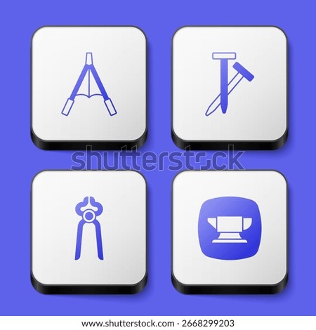 Set Air blower bellows, Metallic nails, Blacksmith pliers tool and anvil icon. White square button. Vector