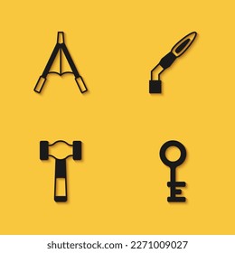 Ponga los fuelles del ventilador de aire, la llave antigua, el icono de la antorcha de martillo y soldadura con sombra larga. Vector