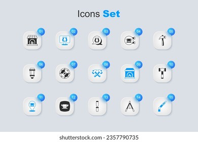 Set Air blower bellows, Round shield, Horseshoe, Blacksmith anvil tool, Welding torch, Hammer, oven and Crossed hammer icon. Vector