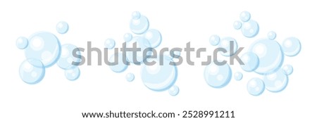 Set of air bubbles in cartoon style. Vector illustration of cute transparent soap bubbles isolated on white background. Blue round bubbles of different sizes: small, medium, large. Foam.