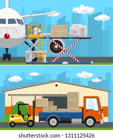 Set of Air Cargo and Storage Services, Airplane with Autoloader at the Airport , Warehouse, Forklift Loads or Unloads Boxes from a Truck, Shipping and Freight of Goods, Vector Illustration