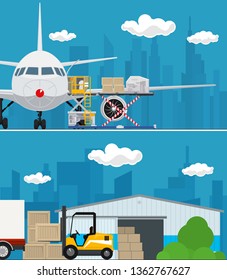 Set of Air Cargo and Storage Services, Airplane with Autoloader at the Airport , Warehouse, Forklift Unloads Boxes from a Covered Truck, Shipping and Freight of Goods, Vector Illustration