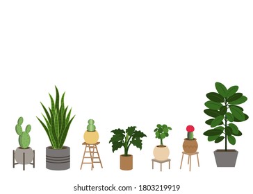 A set of Air Cleaning Plants in pots isolated on white background with their name each. Concept about house plants, gardening, hobbies and etc. 