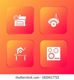 Ajuste compresor de aire, sierra eléctrica circular, mesa para carpintería e icono de estufa de gas. Vector.