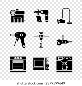 Set Luftkompressor, Nagelgewehr, Staubsauger, Ofen, Mikrowellenofen und Kaffeemaschine und Tasse Icon. Vektorgrafik