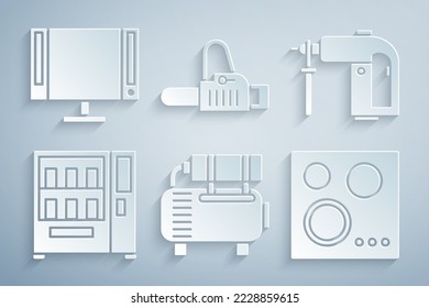 Set Air compressor, Rotary hammer drill machine, Vending, Gas stove, Chainsaw and Smart Tv icon. Vector