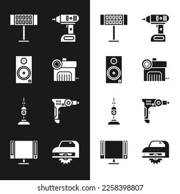 Set Air compressor, Stereo speaker, Electric heater, cordless screwdriver, Vacuum cleaner and drill machine icon. Vector