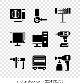 Set Air conditioner, Angle grinder, Electric heater, drill machine,  and Paint spray gun icon. Vector