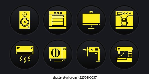 Set Air conditioner, Coffee machine and cup, Electric drill, Computer monitor and Oven icon. Vector