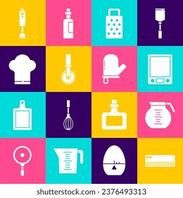 Set Air conditioner, Coffee pot, Electronic scales, Grater, Pizza knife, Chef hat, Blender and Oven glove icon. Vector