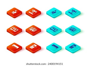 Aire acondicionado, cerradura digital de puertas, Tv inteligente, edificio del hotel, calendario de reserva y botella de champán con icono de vidrio. Vector