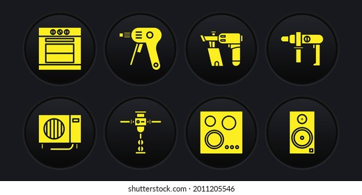 Set Air conditioner, Electric drill machine, Construction jackhammer, Gas stove, Nail gun and hot glue icon. Vector