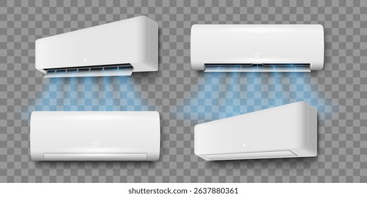 Set of air conditioner , electronic modern appliance for controlling temperature climate in room. Conditioning off and on regime, realistic 3d style vector illustration
