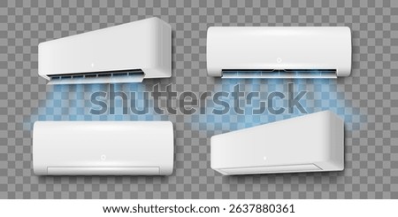 Set of air conditioner , electronic modern appliance for controlling temperature climate in room. Conditioning off and on regime, realistic 3d style vector illustration