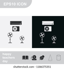 Set of air conditioner and fan flat black and white vector icons.