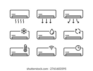 Conjunto de iconos de función de aire acondicionado. Ilustración vectorial minimalista de la línea negra de los modos de la unidad de CA que incluyen enfriamiento, deshumidificación, ventilación, control de temperatura y temporizador para la interfaz de usuario del hogar inteligente.