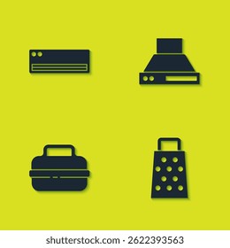 Set Air conditioner, Grater, Cooking pot and Kitchen extractor fan icon. Vector