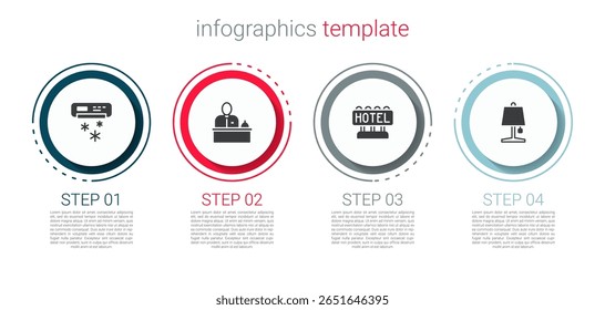 Set Air conditioner, Hotel reception desk, Signboard with text and Table lamp. Business infographic template. Vector