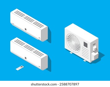 Set of air conditioner : indoor AC, outdoor AC and remote control. Home appliances element. 3D isometric illustration. Isolated vector for banner, poster, presentation, infographic,  web, apps. 