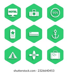 Set Air conditioner, Kayak or canoe, Suitcase, Anchor, Tourist tent, Mobile with review rating, Location SOS and hotel icon. Vector