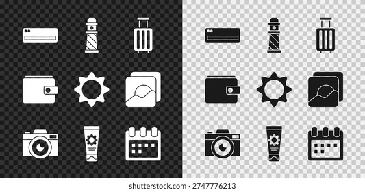 Set Air conditioner, Lighthouse, Suitcase, Photo camera, Sunscreen cream in tube, Calendar, Wallet and  icon. Vector