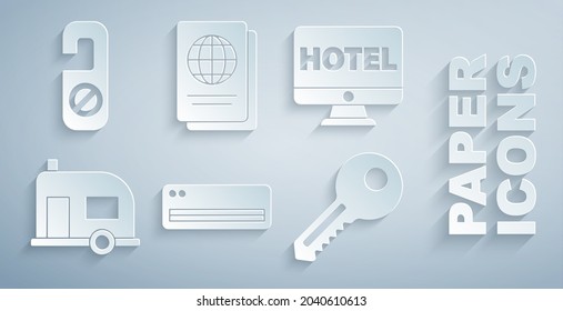 Set Air conditioner, Online hotel booking, Rv Camping trailer, Key, Passport and Please do not disturb icon. Vector