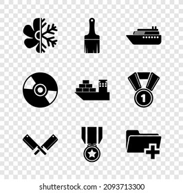 Set Air conditioner, Paint brush, Ship, Crossed meat chopper, Medal with star and Add new folder icon. Vector