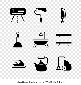 Set Air conditioner, Paint roller brush, Knife, Electric iron, Kettle with handle, Vacuum cleaner, Rubber plunger and Bathtub icon. Vector