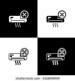 Set Air conditioner with screwdriver and wrench icon isolated on black and white background. Adjusting, service, setting, maintenance, repair, fixing.  Vector Illustration