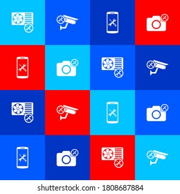 Set Air conditioner service, Security camera, Smartphone and Photo icon. Vector.