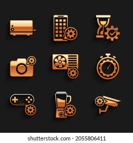 Set Air conditioner setting, Blender with bowl, Security camera, Time management, Gamepad and Photo icon. Vector