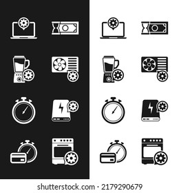 Set Air conditioner setting, Blender with bowl, Laptop, Fast payments, Stopwatch and Power bank icon. Vector
