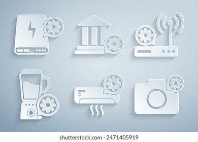 Set Air conditioner setting, Router and wi-fi, Blender with bowl, Photo camera, Bank building and Power bank icon. Vector