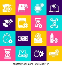Set Air conditioner setting, USB flash drive, Hourglass, Processor, Oven and CD DVD disk icon. Vector