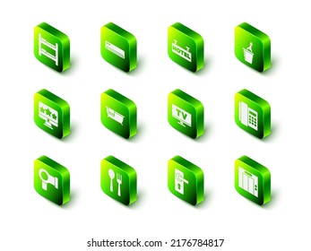 Set Air conditioner, Signboard with text Hotel, Champagne in an ice bucket, Telephone handset, Lift, Smart Tv, Door handle and Fork spoon icon. Vector