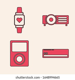 Set Air Conditioner , Smart watch mit Herzschlag Rate , Präsentationen, Film, Film, Media-Projektor und Musik-Player Symbol. Vektorillustration