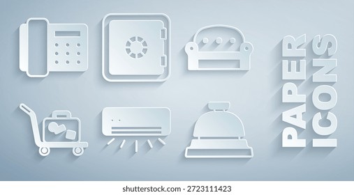 Aire acondicionado, sofá, maleta de la carretilla, campana de servicio del hotel, caja fuerte y teléfono. Vector