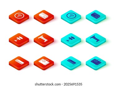Ajuste Aire acondicionado, Maleta, Señal de tráfico por carretera, Cama, Tarjeta de crédito e icono de red inalámbrica Wi-Fi. Vector