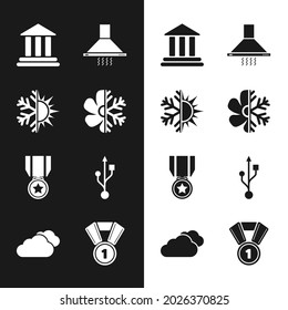 Set Air conditioner, Sun and snowflake, Bank building, Kitchen extractor fan, Medal with star and USB icon. Vector