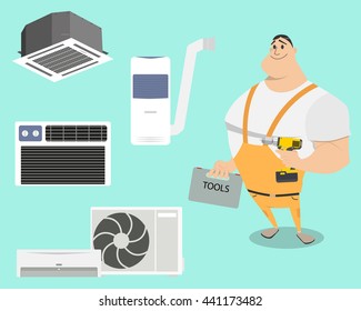 Set air conditioners on a simple background with work. Vector illustration